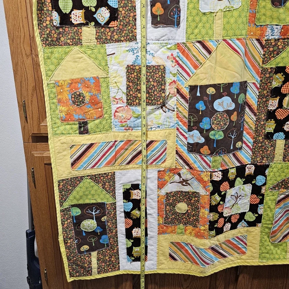 Handmade Baby Quilt Patchwork Owls Flowers Cotton Microfiber Back 48x40 Multi